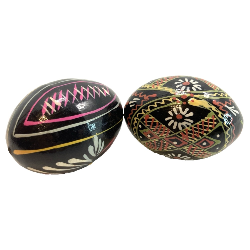 Set of 2 Vtg Ukrainian Folk Art Wooden Hand Painted Decorative Eggs